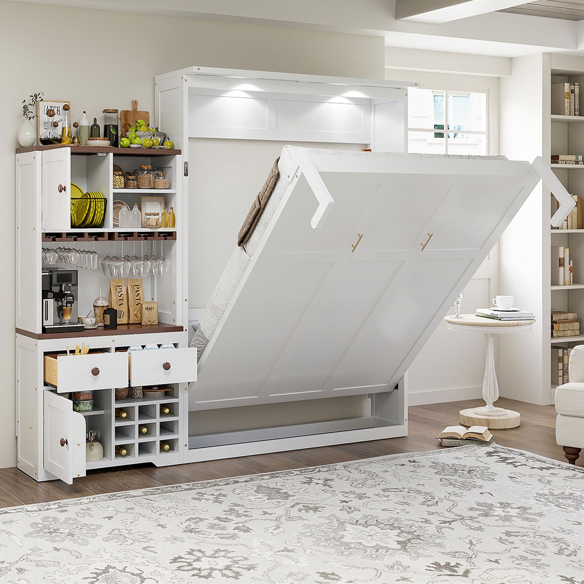 Queen Size Murphy Bed with Storage Cabinet, Wine Rack, Glass Holder, Drawers and Multi-Color LED Strip, White