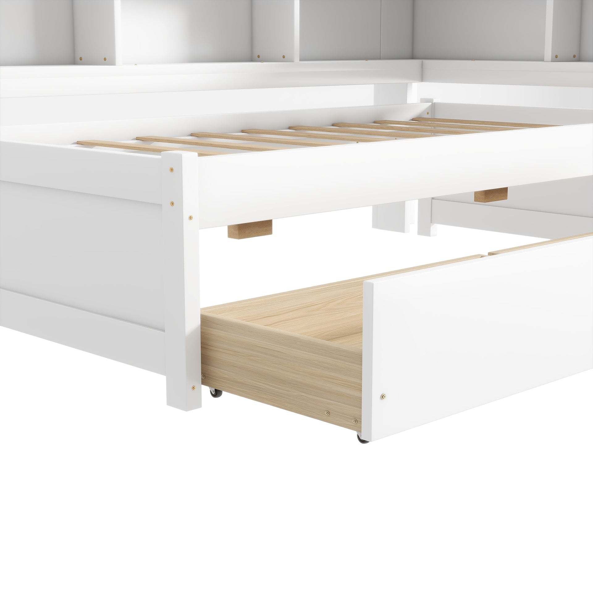 Twin Size L-shaped Bookcases Bed with Power Outlets, USB Charging Ports,Two Drawers,White
