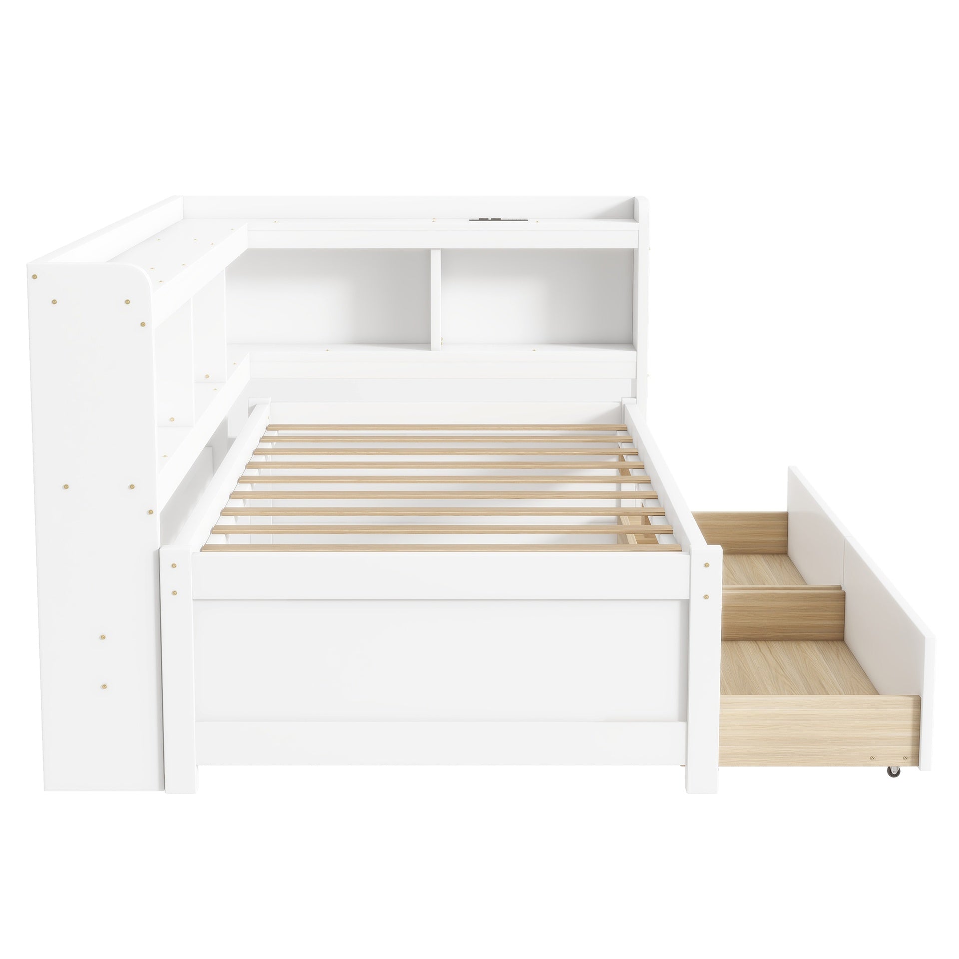 Twin Size L-shaped Bookcases Bed with Power Outlets, USB Charging Ports,Two Drawers,White