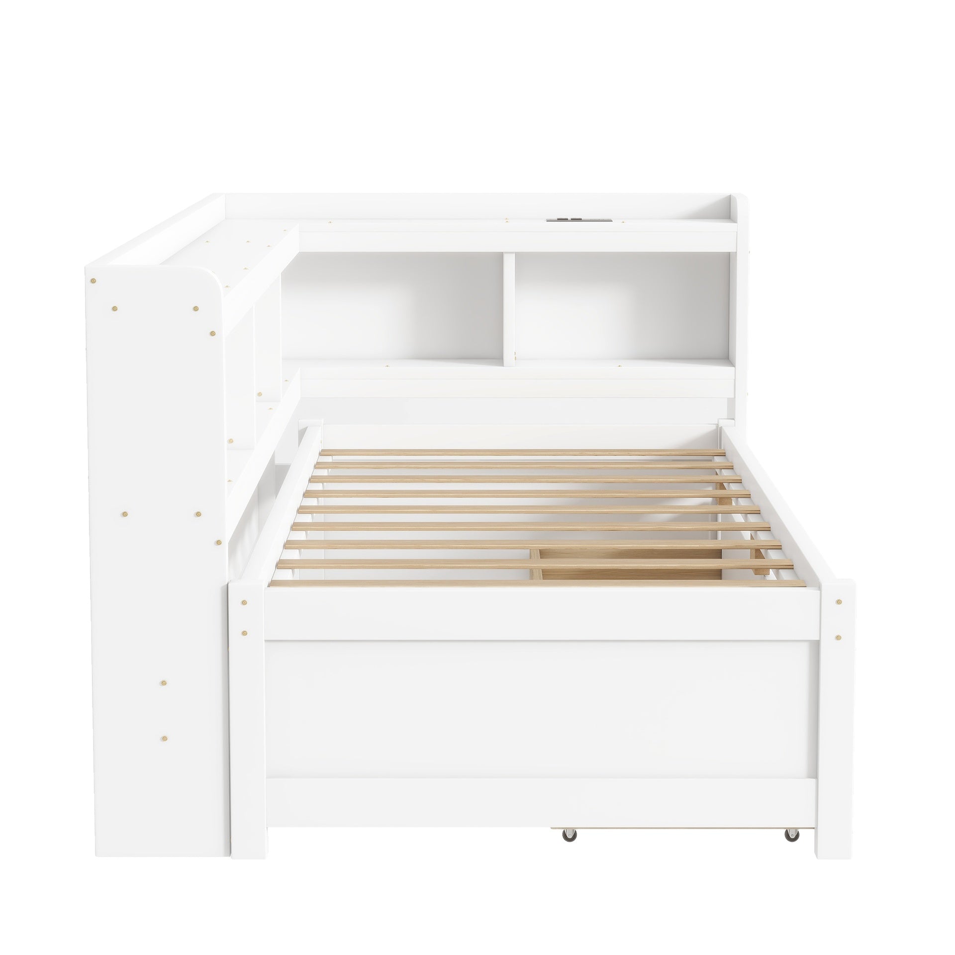 Twin Size L-shaped Bookcases Bed with Power Outlets, USB Charging Ports,Two Drawers,White