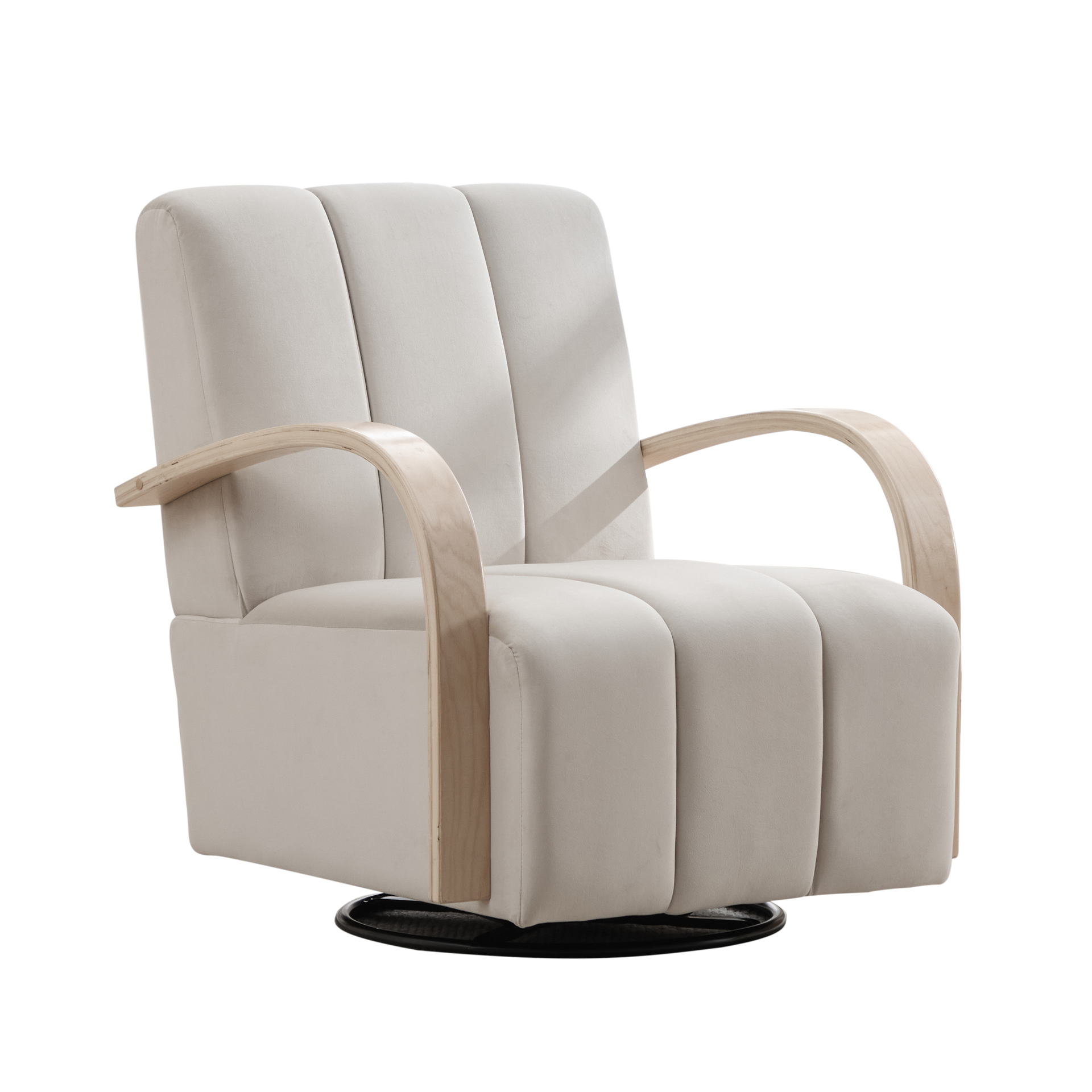 30.7"W Modern Upholstered 360° Swivel Accent Chair with Solid Wood Armrests and Comfy Channel Tufted Lounge Reading Chair, Single Sofa Armchair for Hotel Bedroom Living Room Office and Bedroom. Beige