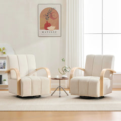 30.7"W Modern Upholstered 360° Swivel Accent Chair with Solid Wood Armrests and Comfy Channel Tufted Lounge Reading Chair, Single Sofa Armchair for Hotel Bedroom Living Room Office and Bedroom. Beige