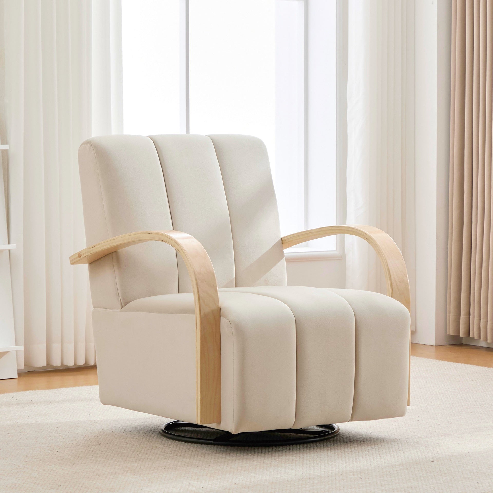 30.7"W Modern Upholstered 360° Swivel Accent Chair with Solid Wood Armrests and Comfy Channel Tufted Lounge Reading Chair, Single Sofa Armchair for Hotel Bedroom Living Room Office and Bedroom. Beige