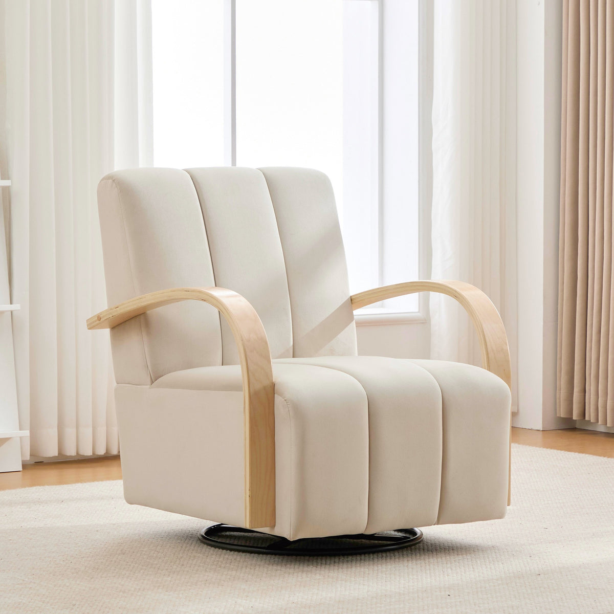 30.7"W Modern Upholstered 360° Swivel Accent Chair with Solid Wood Armrests and Comfy Channel Tufted Lounge Reading Chair, Single Sofa Armchair for Hotel Bedroom Living Room Office and Bedroom. Beige