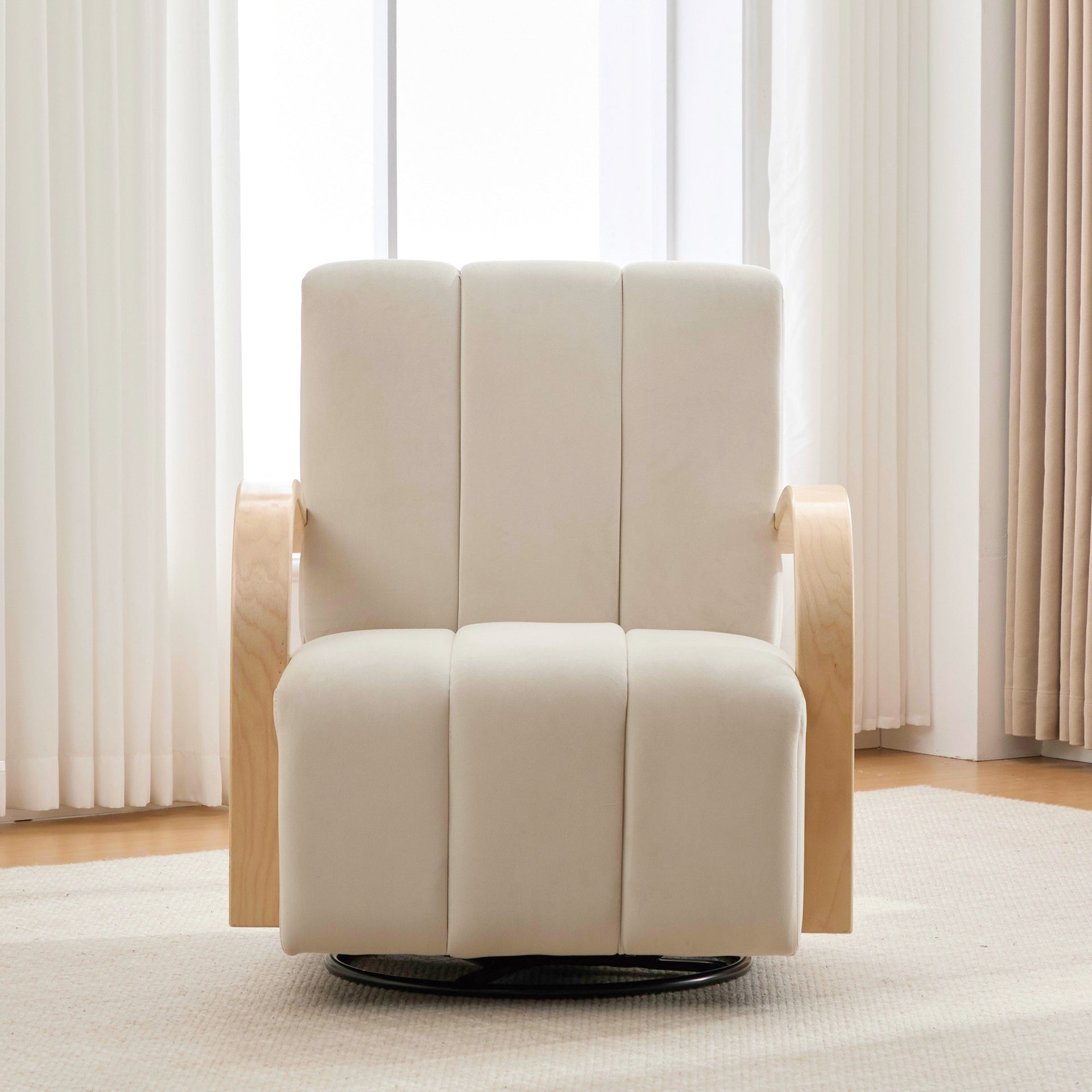 30.7"W Modern Upholstered 360° Swivel Accent Chair with Solid Wood Armrests and Comfy Channel Tufted Lounge Reading Chair, Single Sofa Armchair for Hotel Bedroom Living Room Office and Bedroom. Beige