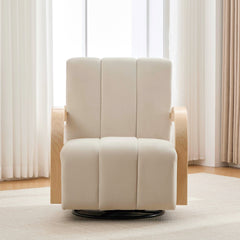 30.7"W Modern Upholstered 360° Swivel Accent Chair with Solid Wood Armrests and Comfy Channel Tufted Lounge Reading Chair, Single Sofa Armchair for Hotel Bedroom Living Room Office and Bedroom. Beige