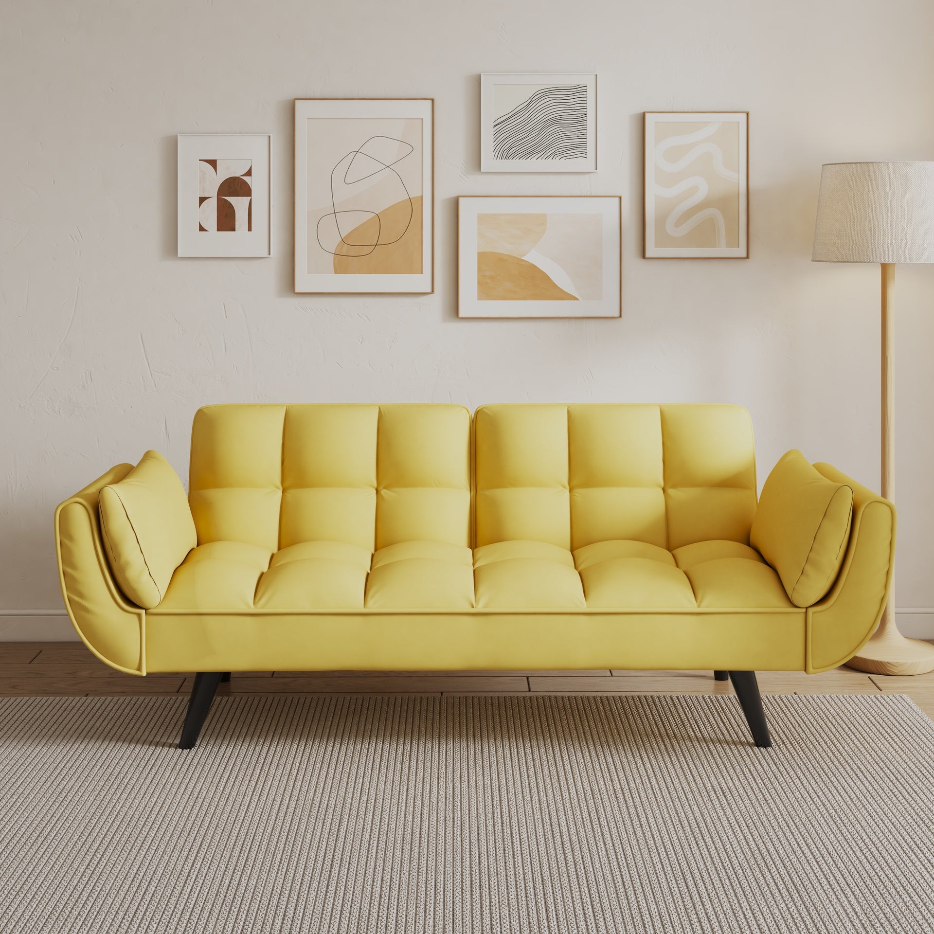 74 inch yellow sofa Soft two armrests throw pillow pillow comfortable fit apartment bedroom small space