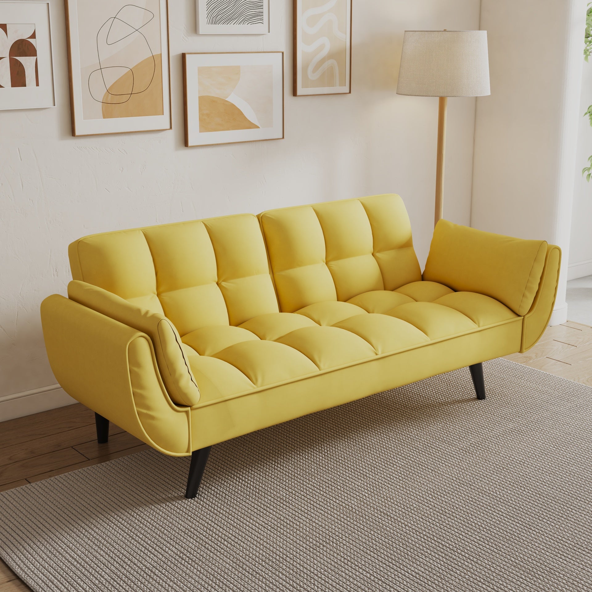 74 inch yellow sofa Soft two armrests throw pillow pillow comfortable fit apartment bedroom small space