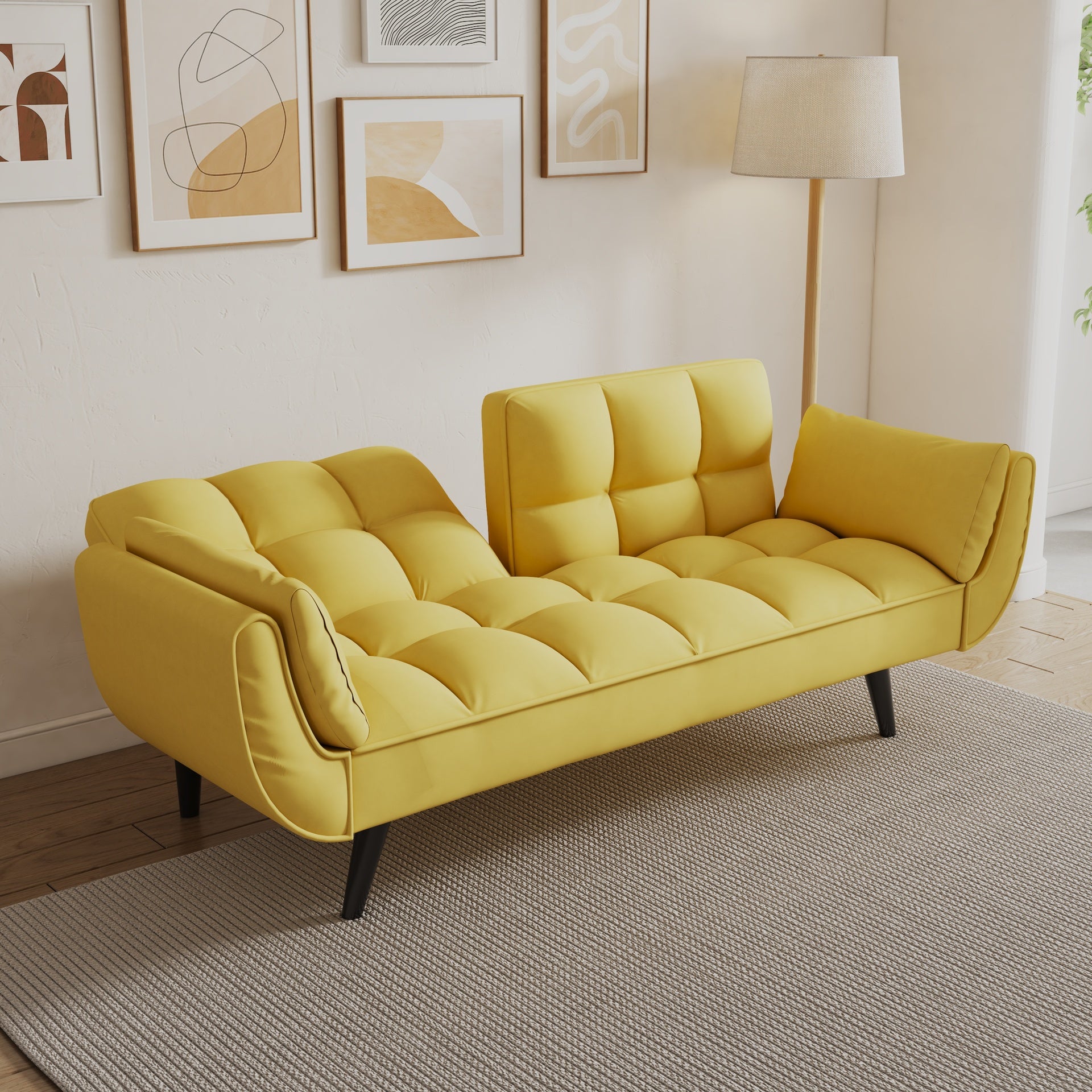 74 inch yellow sofa Soft two armrests throw pillow pillow comfortable fit apartment bedroom small space