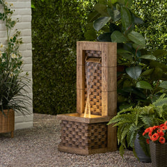 35.25" High Hand Crafted Weather Resistant Floor Fountain with Light, Light Brown