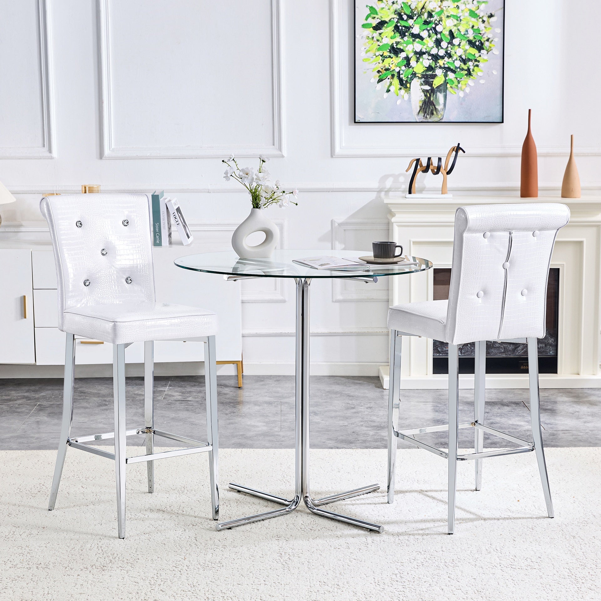 A set of 2 white vintage crocodile leather bar chairs, featuring crystal clasp design and synthetic leather design, adding a touch of elegance and mystery to the dining area