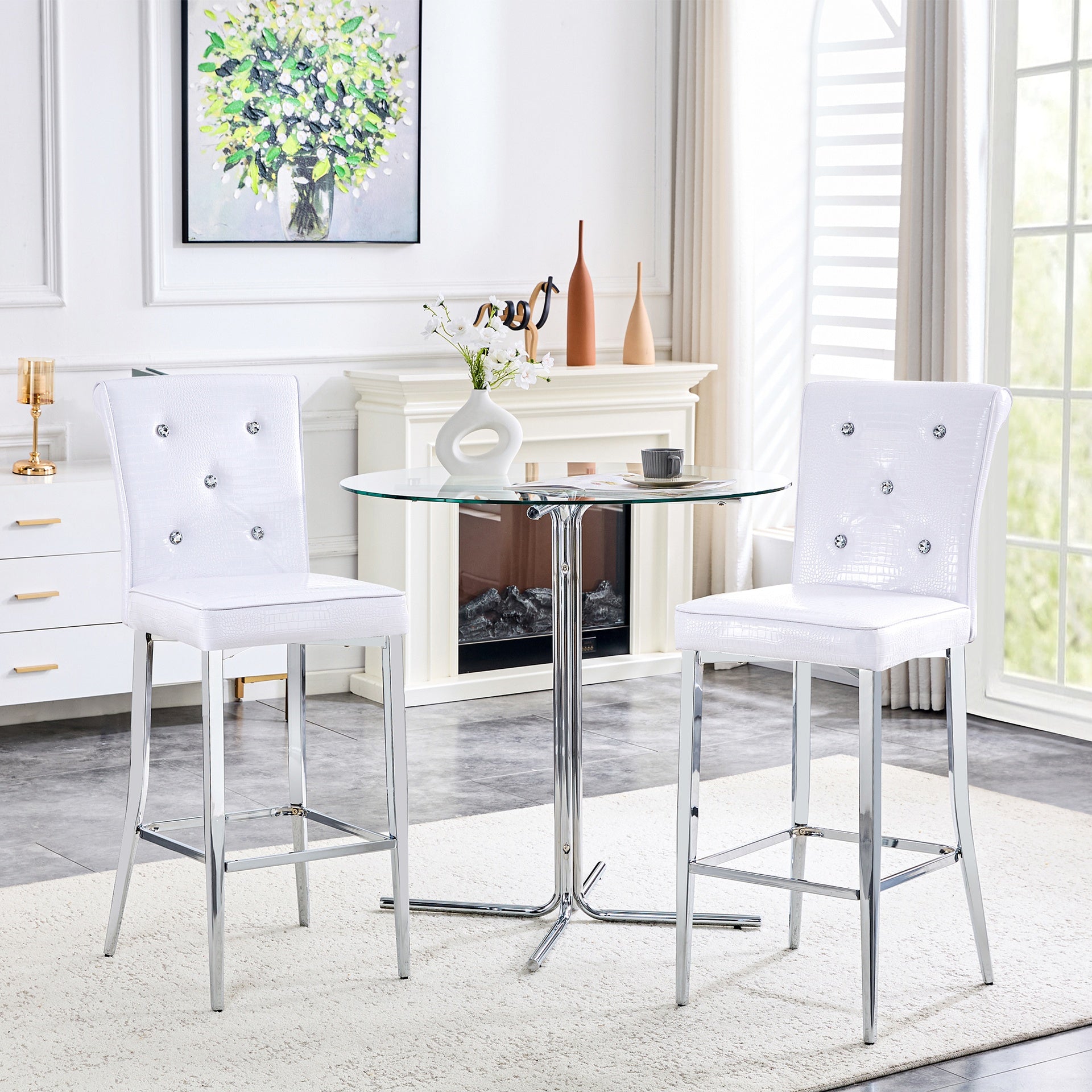 A set of 2 white vintage crocodile leather bar chairs, featuring crystal clasp design and synthetic leather design, adding a touch of elegance and mystery to the dining area