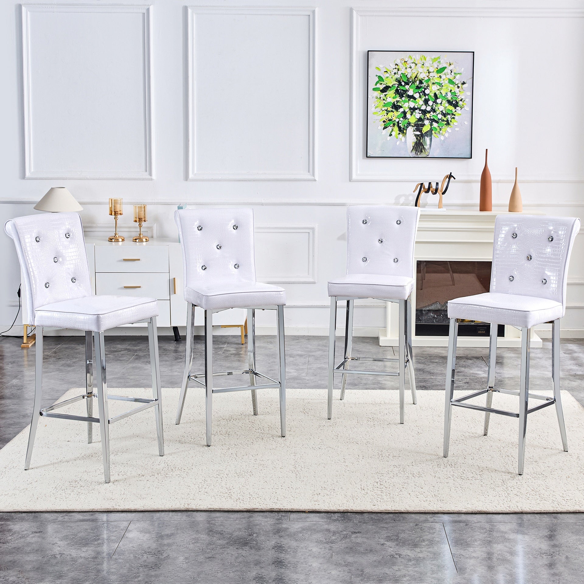 A set of 2 white vintage crocodile leather bar chairs, featuring crystal clasp design and synthetic leather design, adding a touch of elegance and mystery to the dining area