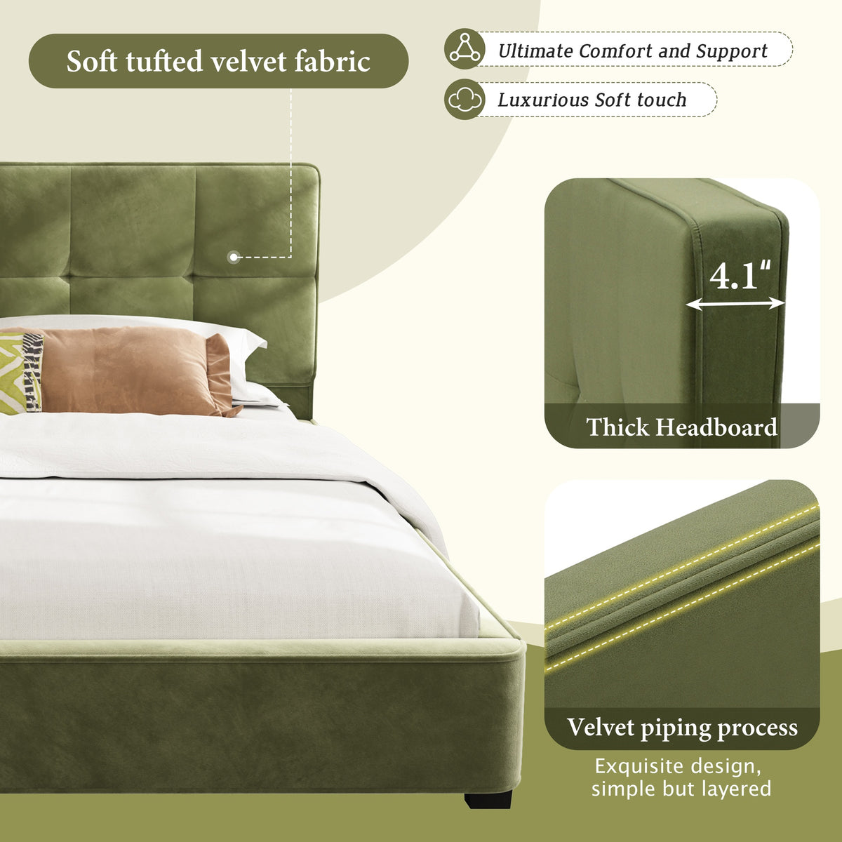 King Size Velvet Bed Frames, Upholstered Platform Bed with Curved Tufted Headboard, Soft Square Corners, Olive Green