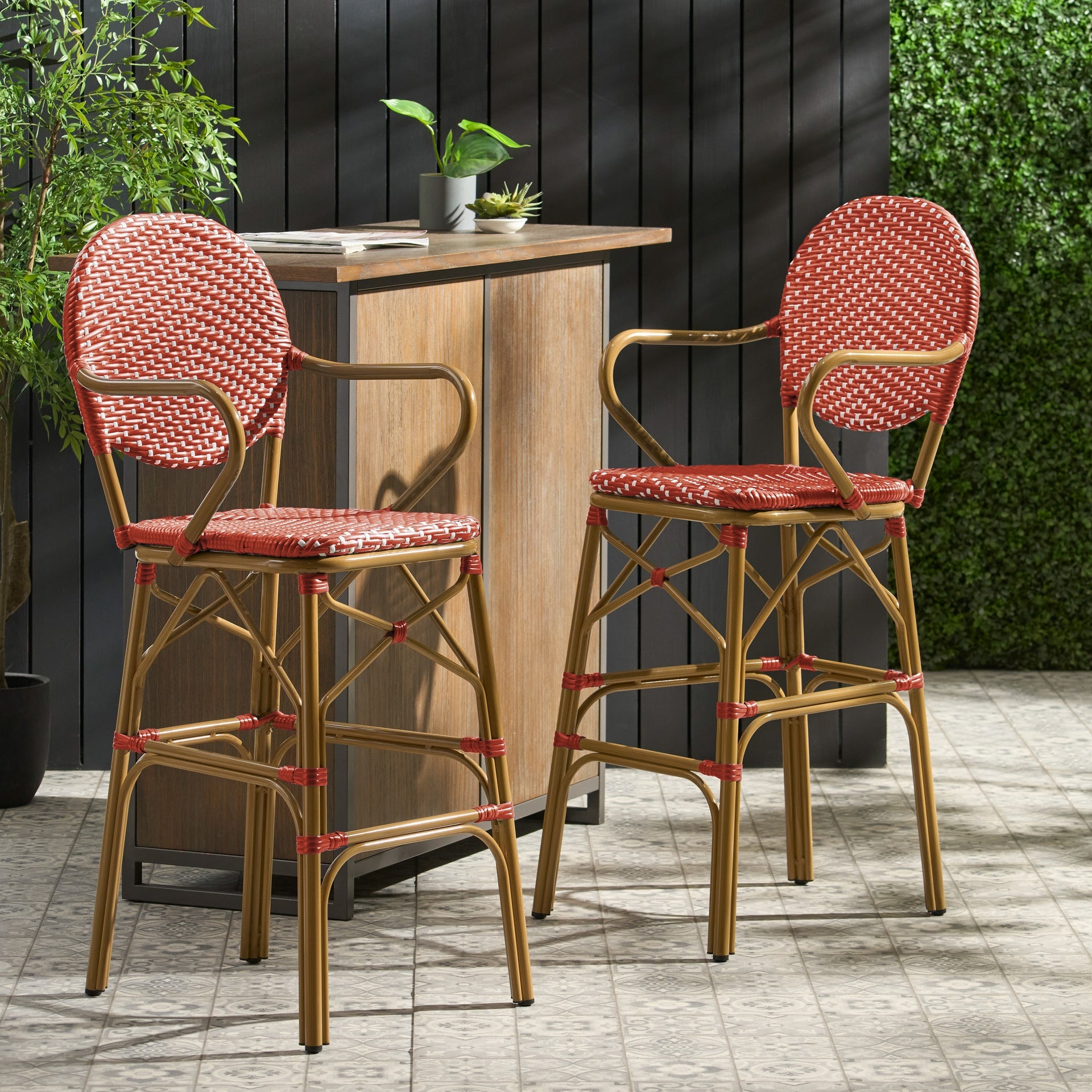 Outdoor Wicker and Aluminum 29.5" French Barstools, Set of 2, Red, Bamboo Print Finish
