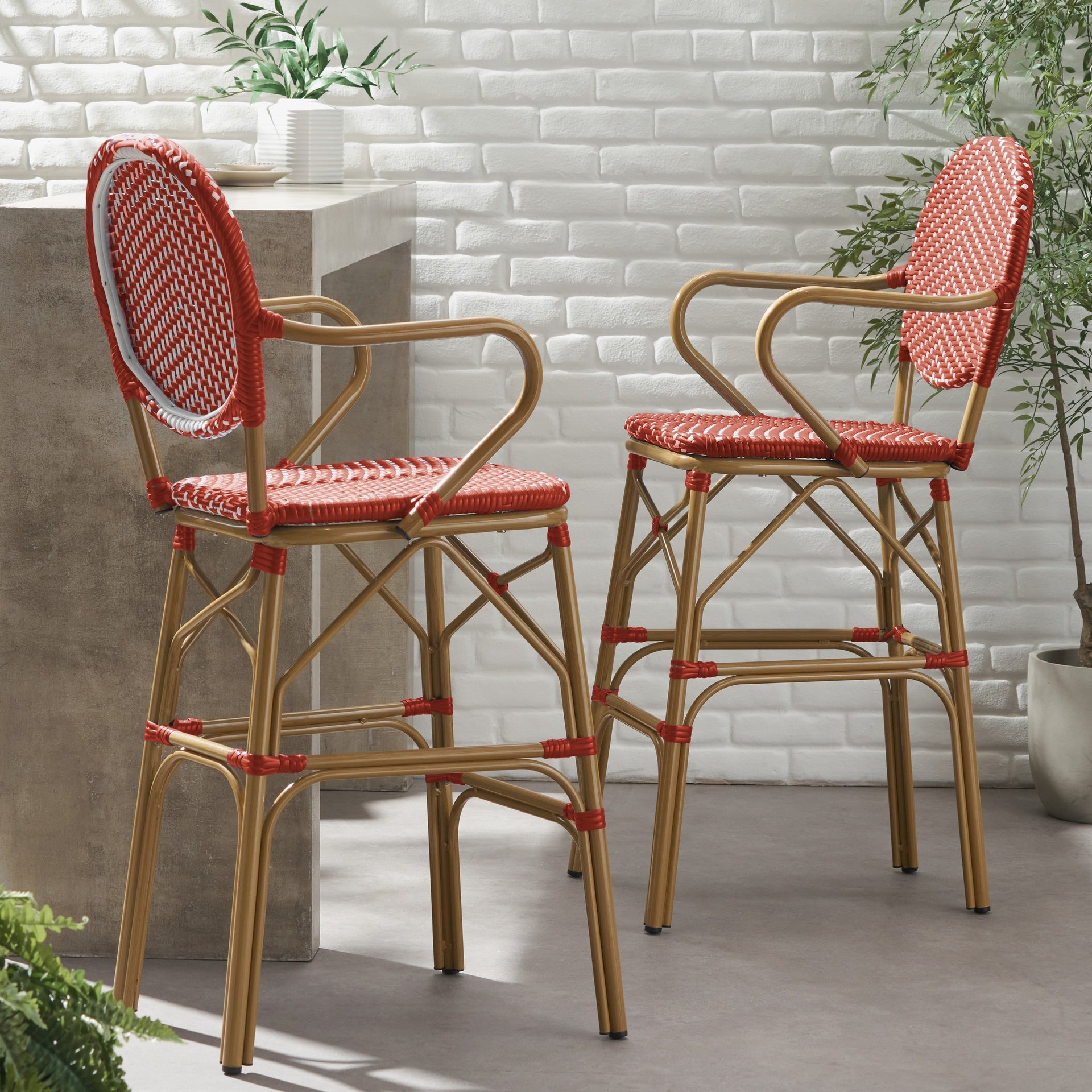 Outdoor Wicker and Aluminum 29.5" French Barstools, Set of 2, Red, Bamboo Print Finish