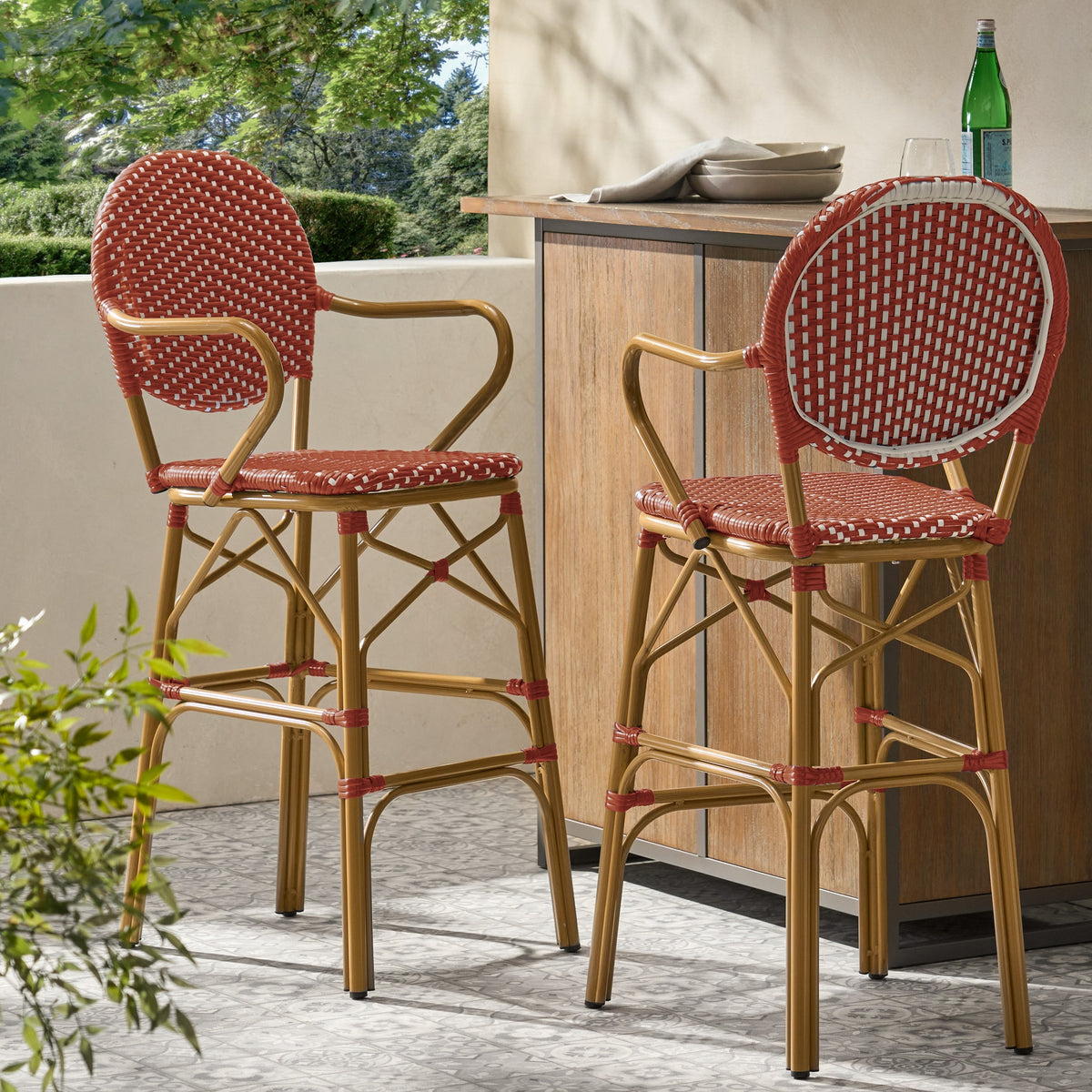 Outdoor Wicker and Aluminum 29.5" French Barstools, Set of 2, Red, Bamboo Print Finish