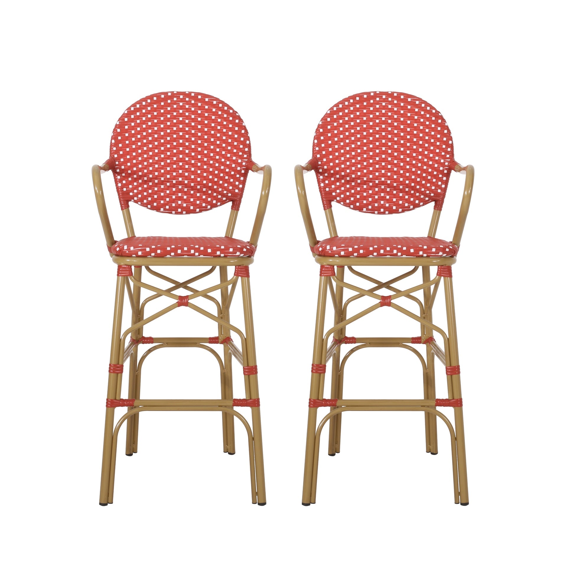 Outdoor Wicker and Aluminum 29.5" French Barstools, Set of 2, Red, Bamboo Print Finish