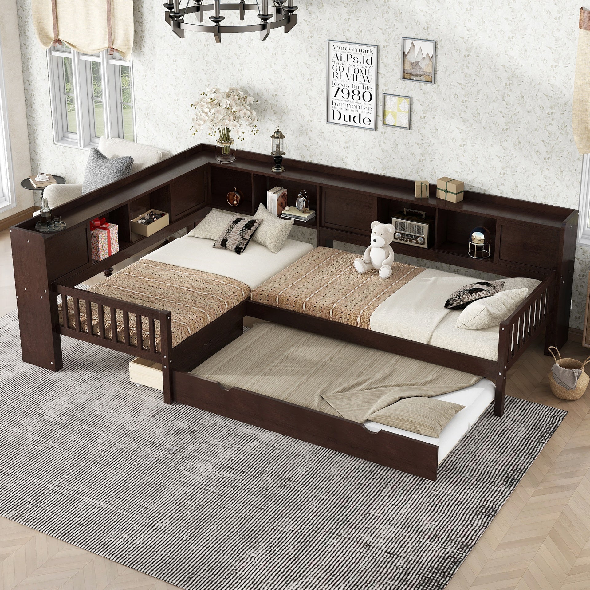 L-shaped Platform Bed Twin Size with Trundle, Solid Wood Platform Bed with Storage Drawers and Shelves, No Spring Box Needed,Espresso