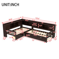 L-shaped Platform Bed Twin Size with Trundle, Solid Wood Platform Bed with Storage Drawers and Shelves, No Spring Box Needed,Espresso