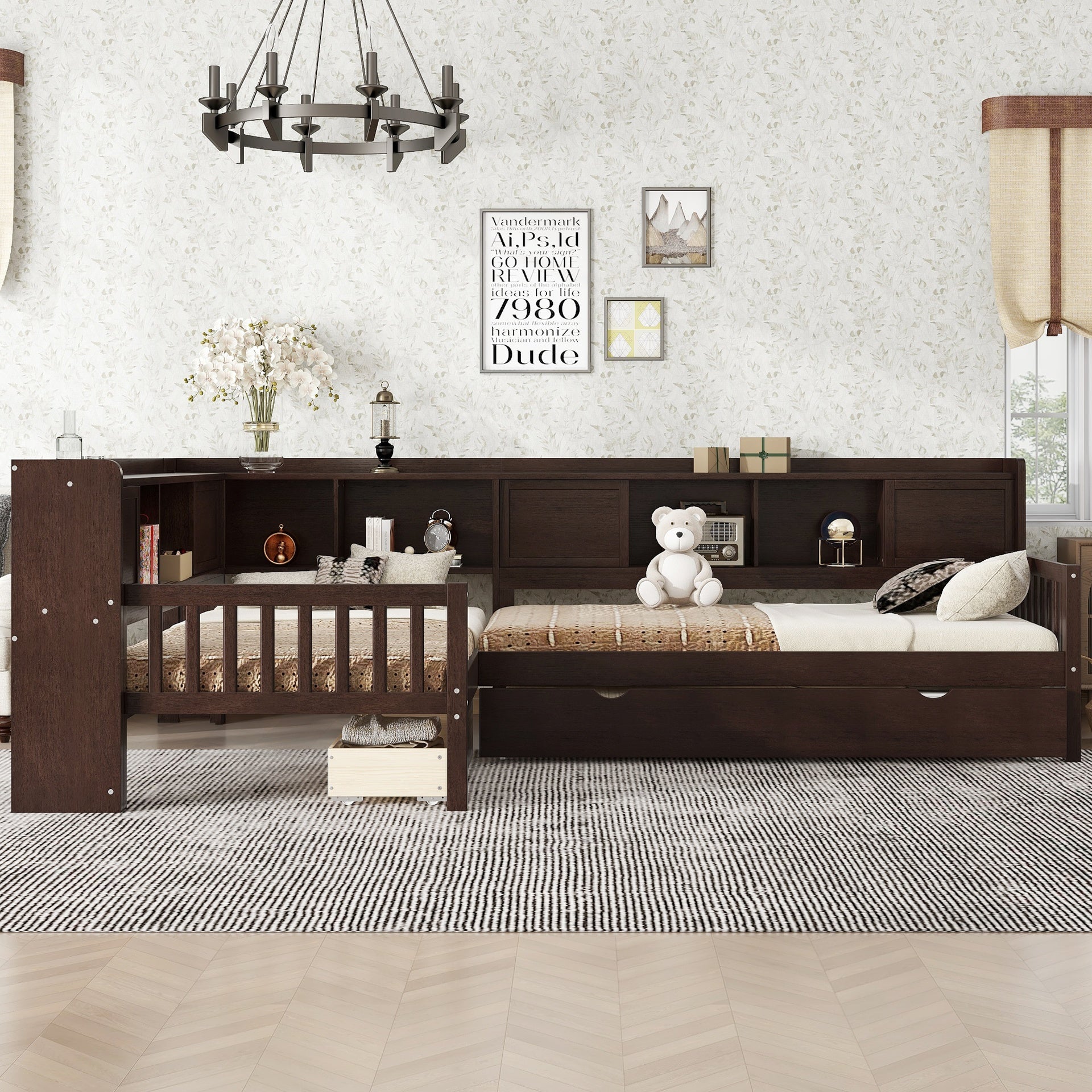 L-shaped Platform Bed Twin Size with Trundle, Solid Wood Platform Bed with Storage Drawers and Shelves, No Spring Box Needed,Espresso