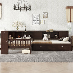 L-shaped Platform Bed Twin Size with Trundle, Solid Wood Platform Bed with Storage Drawers and Shelves, No Spring Box Needed,Espresso