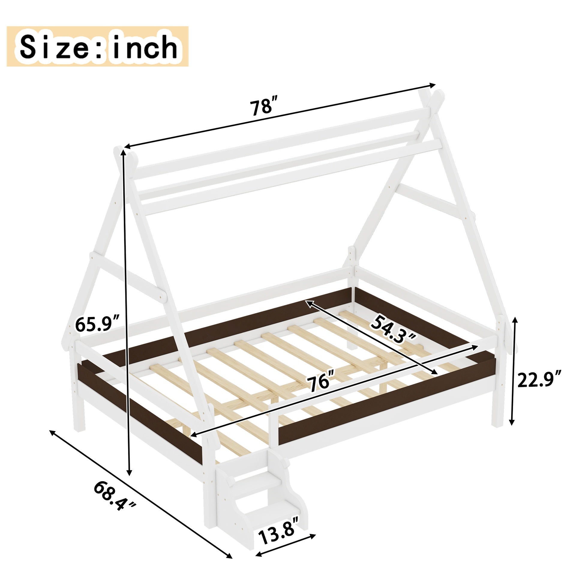 Full House Platform Bed with Stairs, Solid Wood Twin Bed Frame, Low Profile and Childlike Fun Design, White