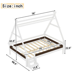 Full House Platform Bed with Stairs, Solid Wood Twin Bed Frame, Low Profile and Childlike Fun Design, White