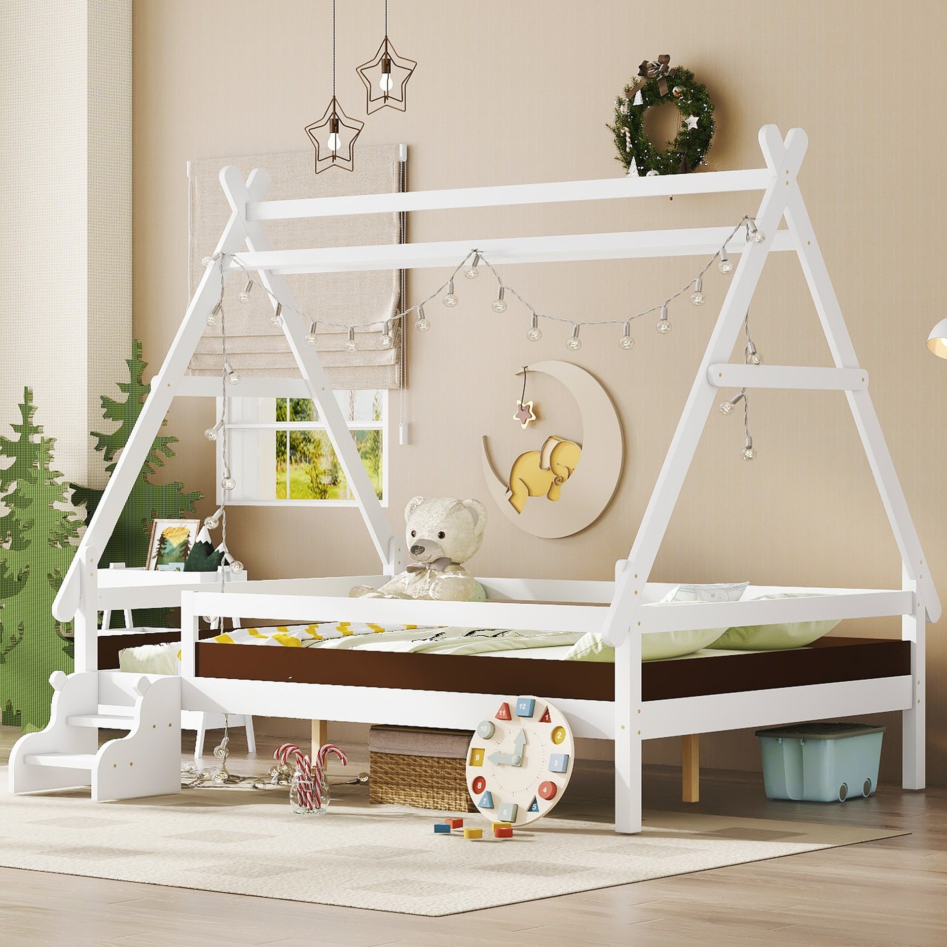 Full House Platform Bed with Stairs, Solid Wood Twin Bed Frame, Low Profile and Childlike Fun Design, White