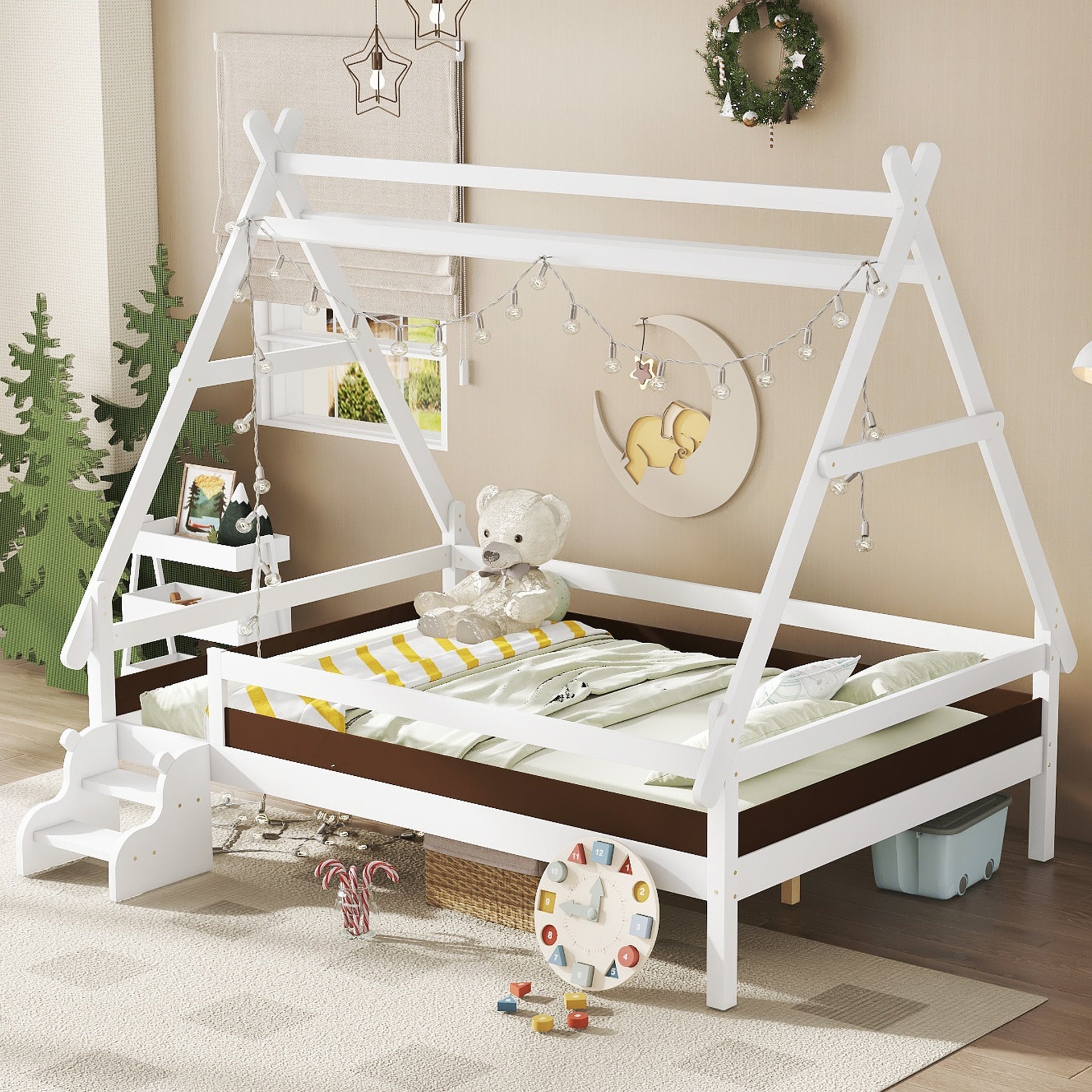 Full House Platform Bed with Stairs, Solid Wood Twin Bed Frame, Low Profile and Childlike Fun Design, White