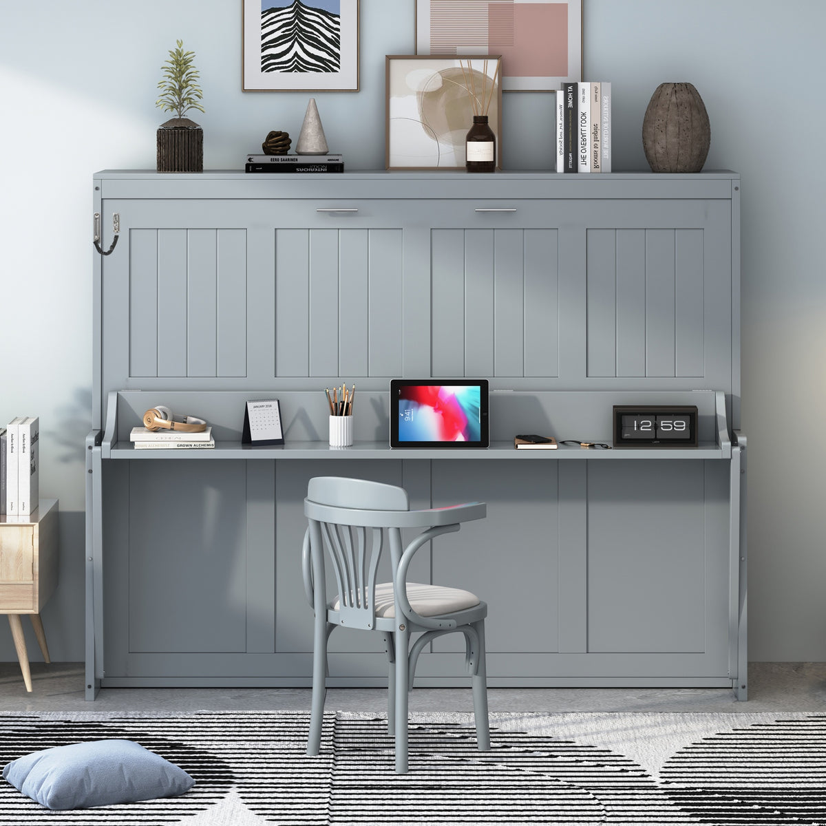 Full Size Murphy Bed with Hydraulic Lift & Desk Design, Gray