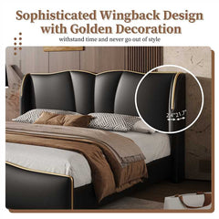Queen Size Leather Upholstered Bed Frame, Modern Bed Frame with Wingback Head board, Upholstered Platform Bed with Wavy Footboard, No Spring Box Needed, Black