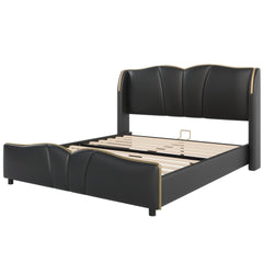 Queen Size Leather Upholstered Bed Frame, Modern Bed Frame with Wingback Head board, Upholstered Platform Bed with Wavy Footboard, No Spring Box Needed, Black