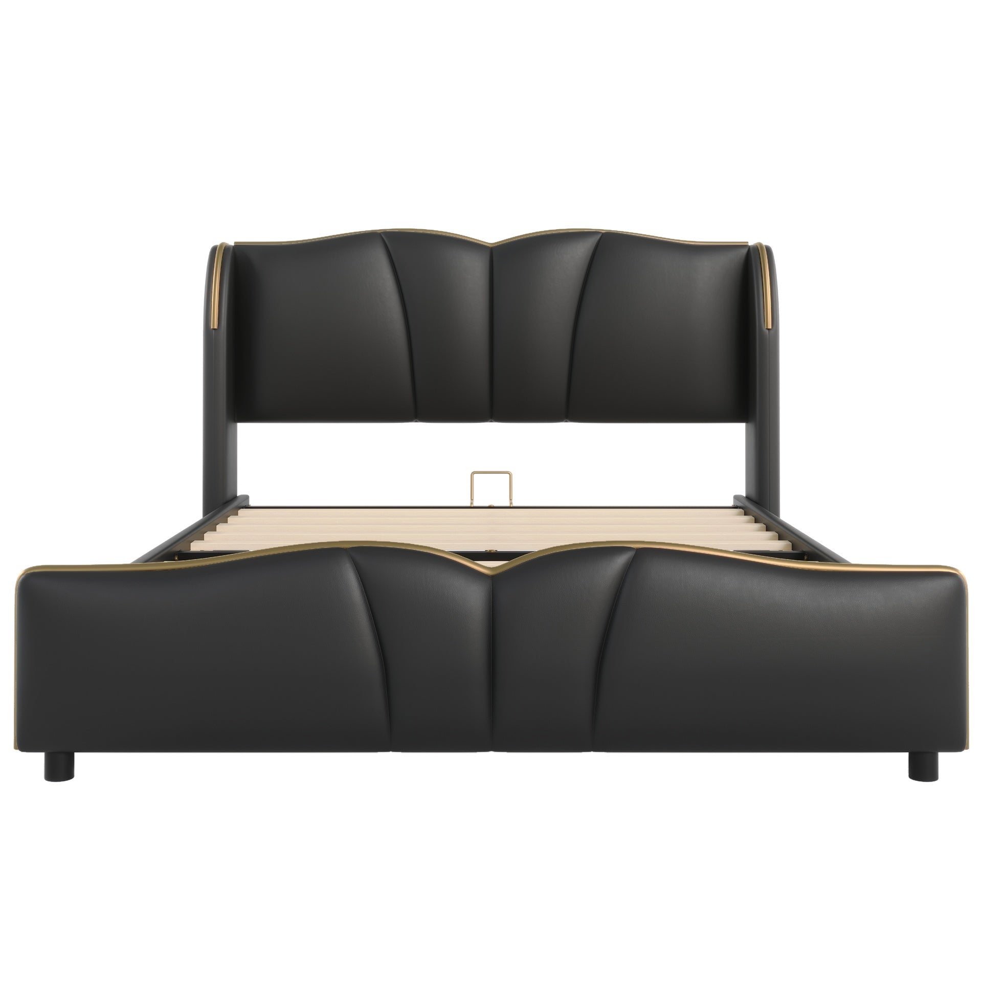 Queen Size Leather Upholstered Bed Frame, Modern Bed Frame with Wingback Head board, Upholstered Platform Bed with Wavy Footboard, No Spring Box Needed, Black