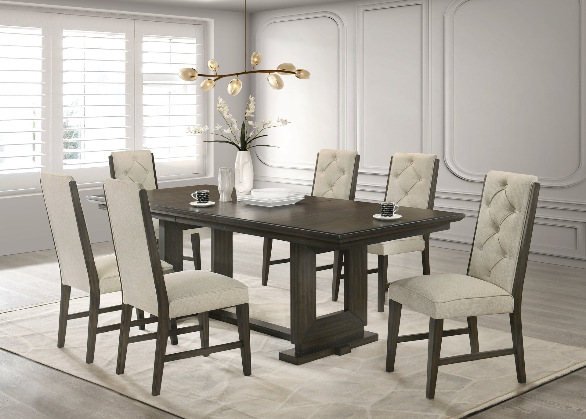 7pc Rectangular Extendable 18" Leaf Dining Table Trestle / Pedestal Base Beige Fabric Upholstered Button Tufted Chairs Wooden Dining Room Furniture Contemporary Modern Espresso Dark Brown Finish