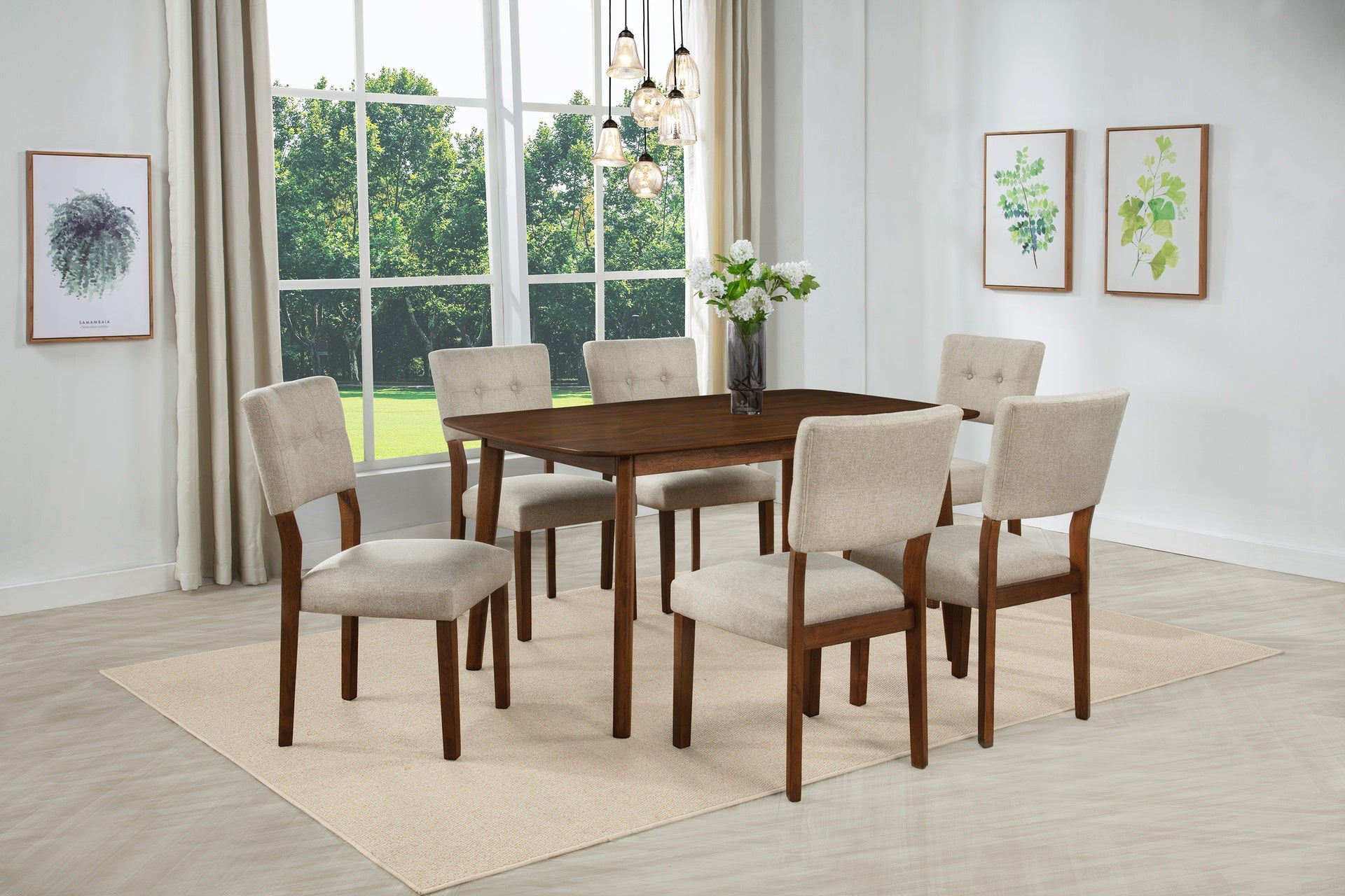 Mid-century Modern 7pc Dining Set Rectangular Table Warm Wood Finish Upholstered Chair Brown Wooden Dining Room Furniture