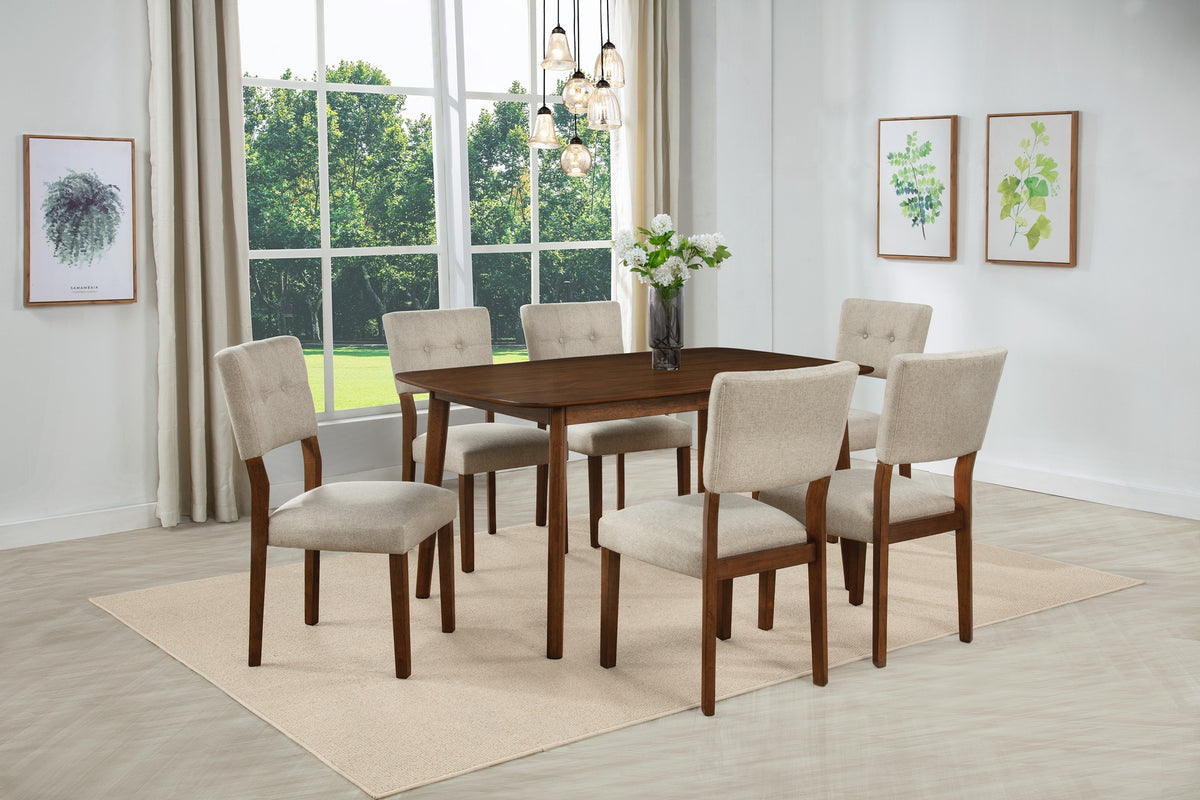Mid-century Modern 7pc Dining Set Rectangular Table Warm Wood Finish Upholstered Chair Brown Wooden Dining Room Furniture