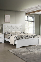 Modern 1pc White Finish Full Size Panel Bed Upholstered Headboard Crystal-Like Button Tufted Texture Wood Bedroom Furniture
