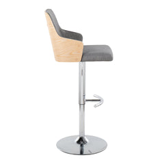 Stella Contemporary Adjustable Barstool Stool with Swivel in Chrome Metal, Natural Wood and Light Grey Fabric with Rounded "T" Footrest by LumiSource - Set of 2