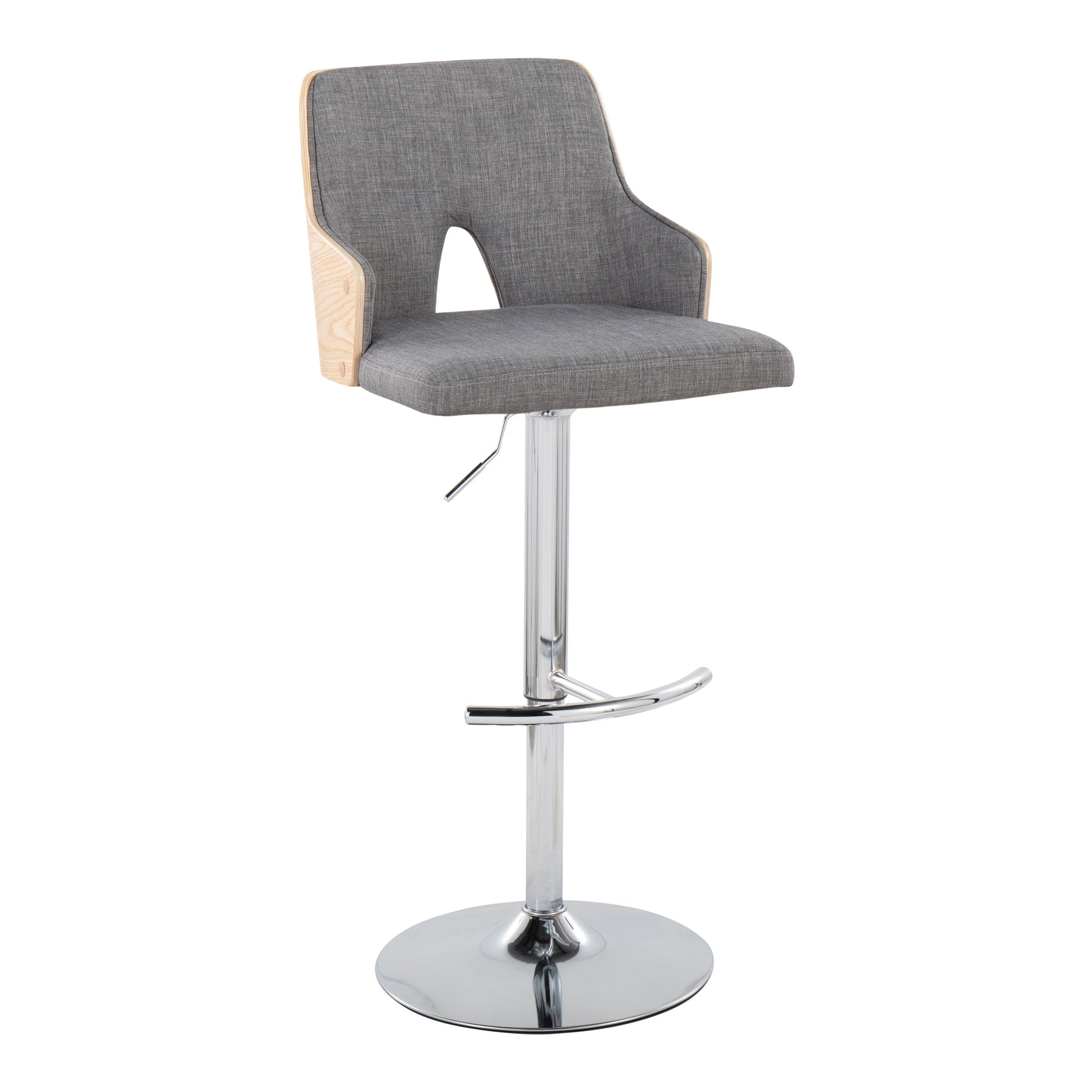 Stella Contemporary Adjustable Barstool Stool with Swivel in Chrome Metal, Natural Wood and Light Grey Fabric with Rounded "T" Footrest by LumiSource - Set of 2