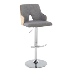 Stella Contemporary Adjustable Barstool Stool with Swivel in Chrome Metal, Natural Wood and Light Grey Fabric with Rounded "T" Footrest by LumiSource - Set of 2