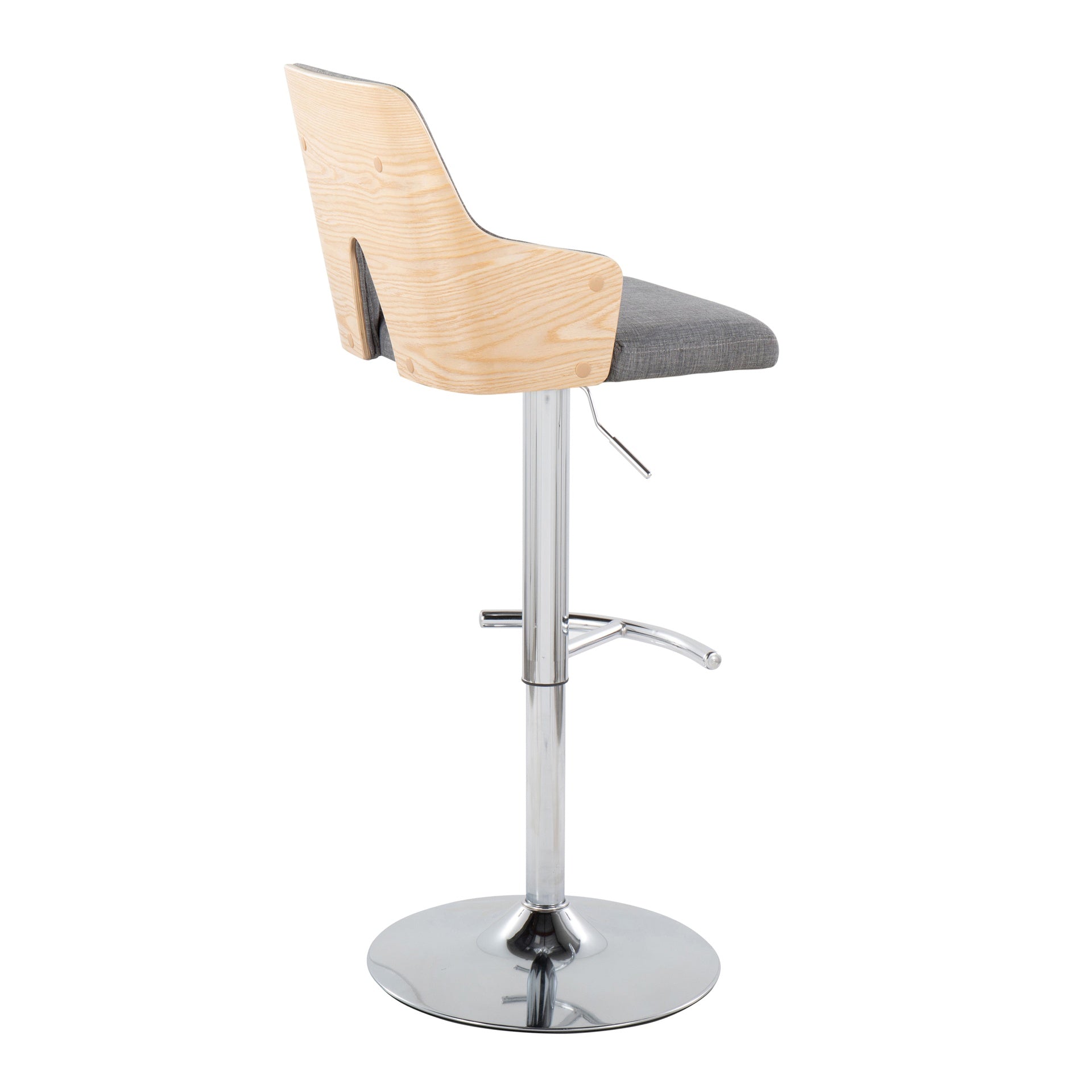 Stella Contemporary Adjustable Barstool Stool with Swivel in Chrome Metal, Natural Wood and Light Grey Fabric with Rounded "T" Footrest by LumiSource - Set of 2