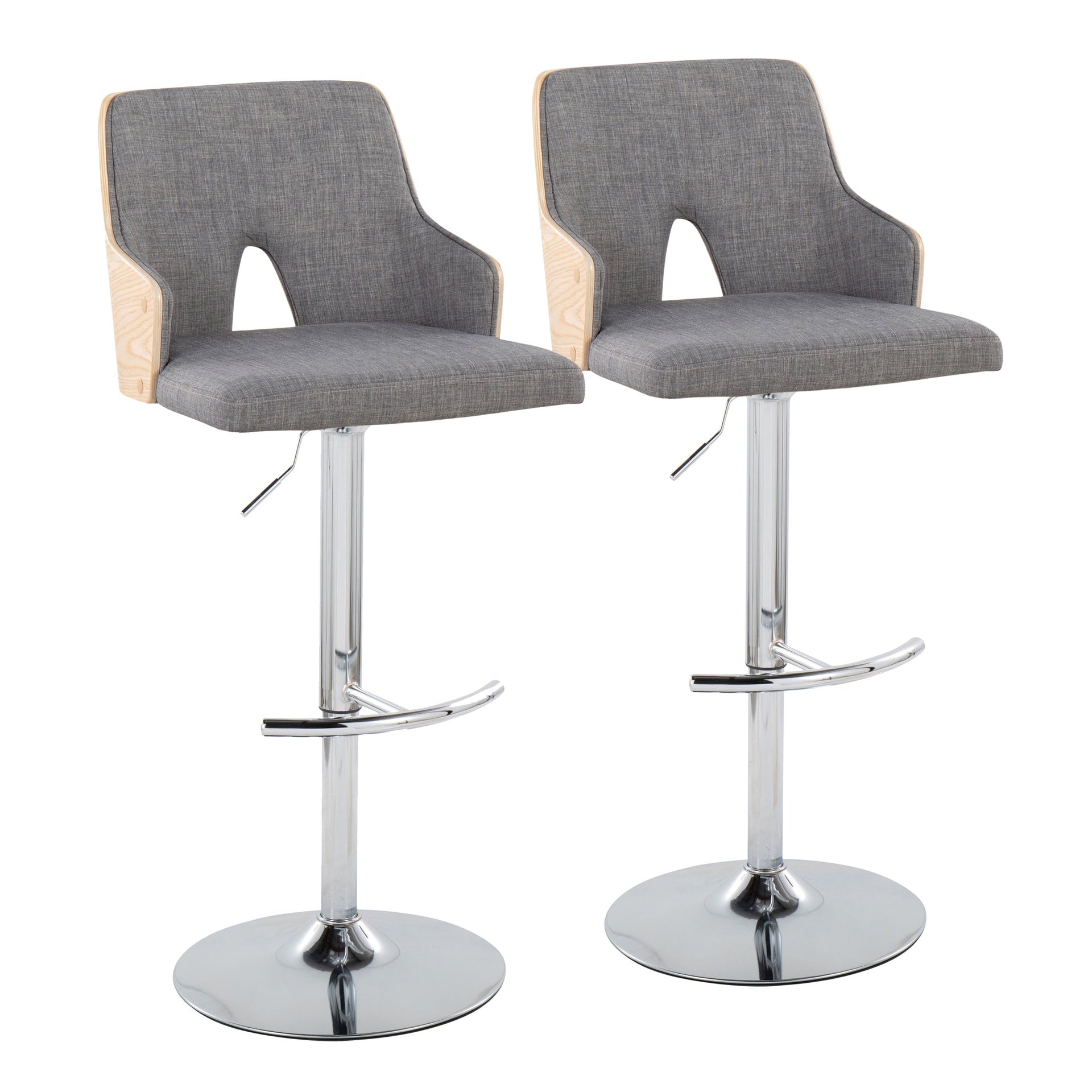 Stella Contemporary Adjustable Barstool Stool with Swivel in Chrome Metal, Natural Wood and Light Grey Fabric with Rounded "T" Footrest by LumiSource - Set of 2