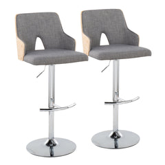 Stella Contemporary Adjustable Barstool Stool with Swivel in Chrome Metal, Natural Wood and Light Grey Fabric with Rounded "T" Footrest by LumiSource - Set of 2