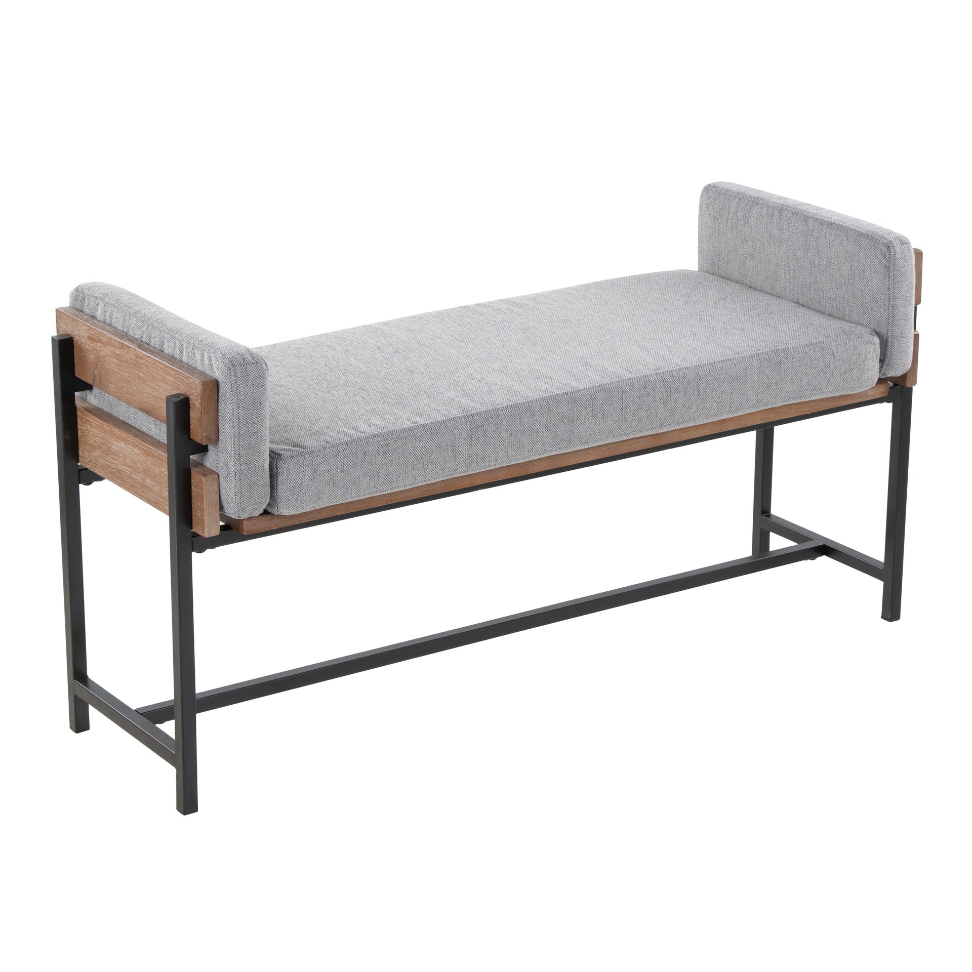 Kari 18" Farmhouse Bench with Black Metal, Brown Wood and Light Grey Fabric by LumiSource