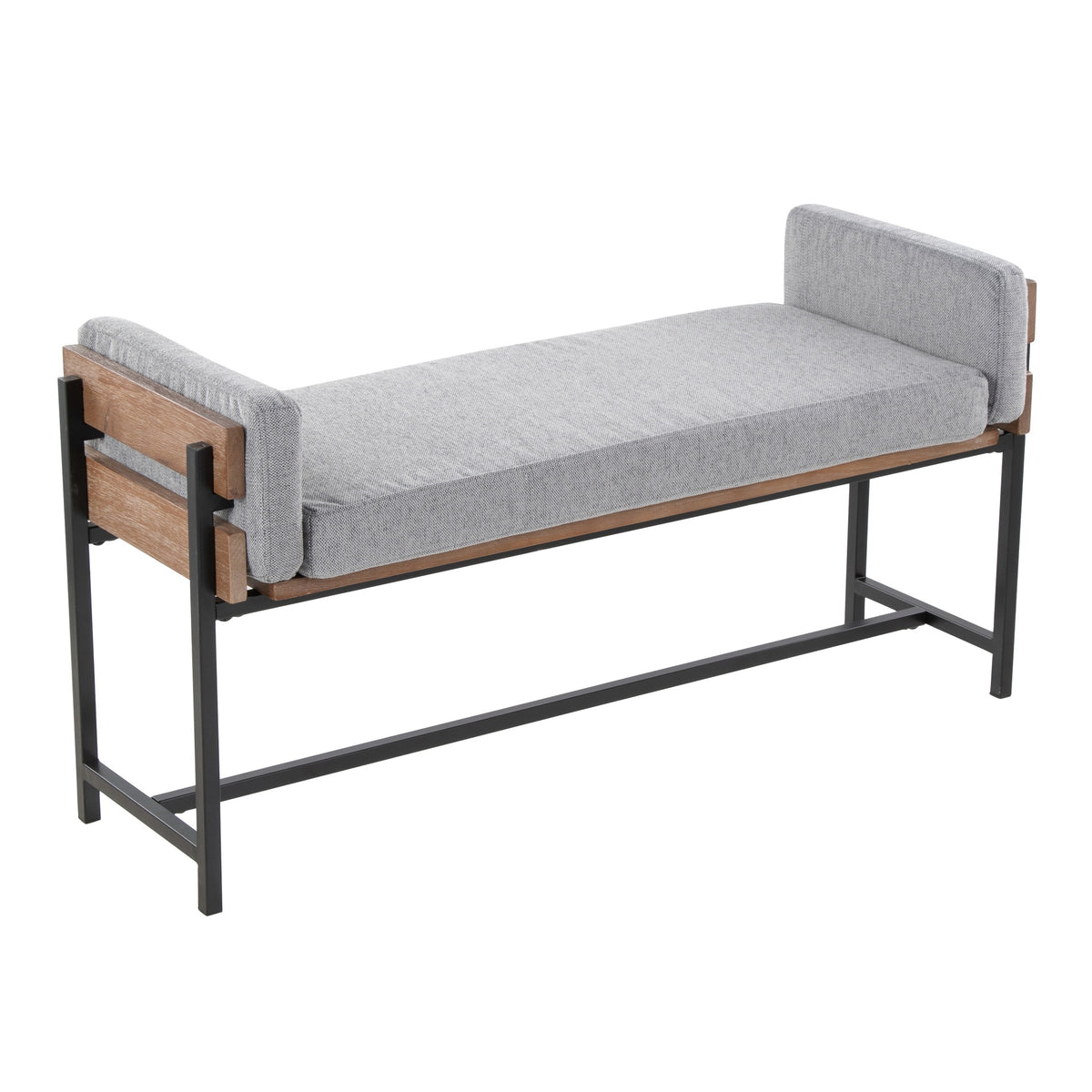 Kari 18" Farmhouse Bench with Black Metal, Brown Wood and Light Grey Fabric by LumiSource