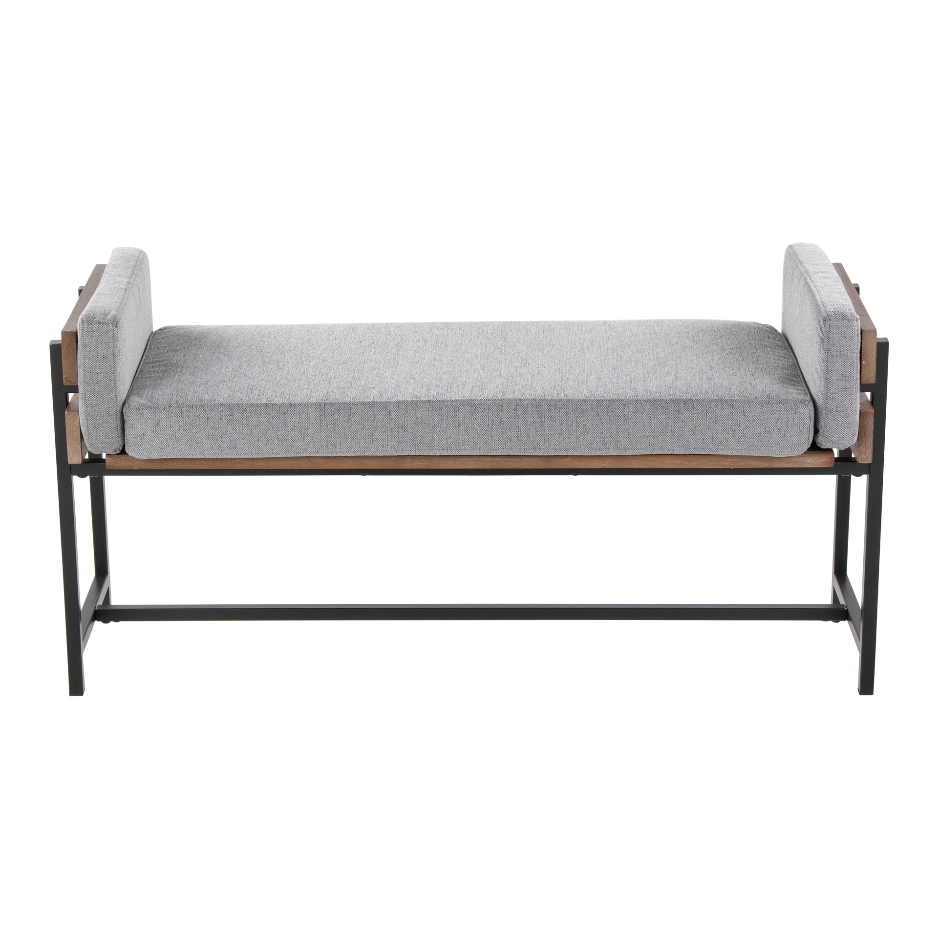 Kari 18" Farmhouse Bench with Black Metal, Brown Wood and Light Grey Fabric by LumiSource