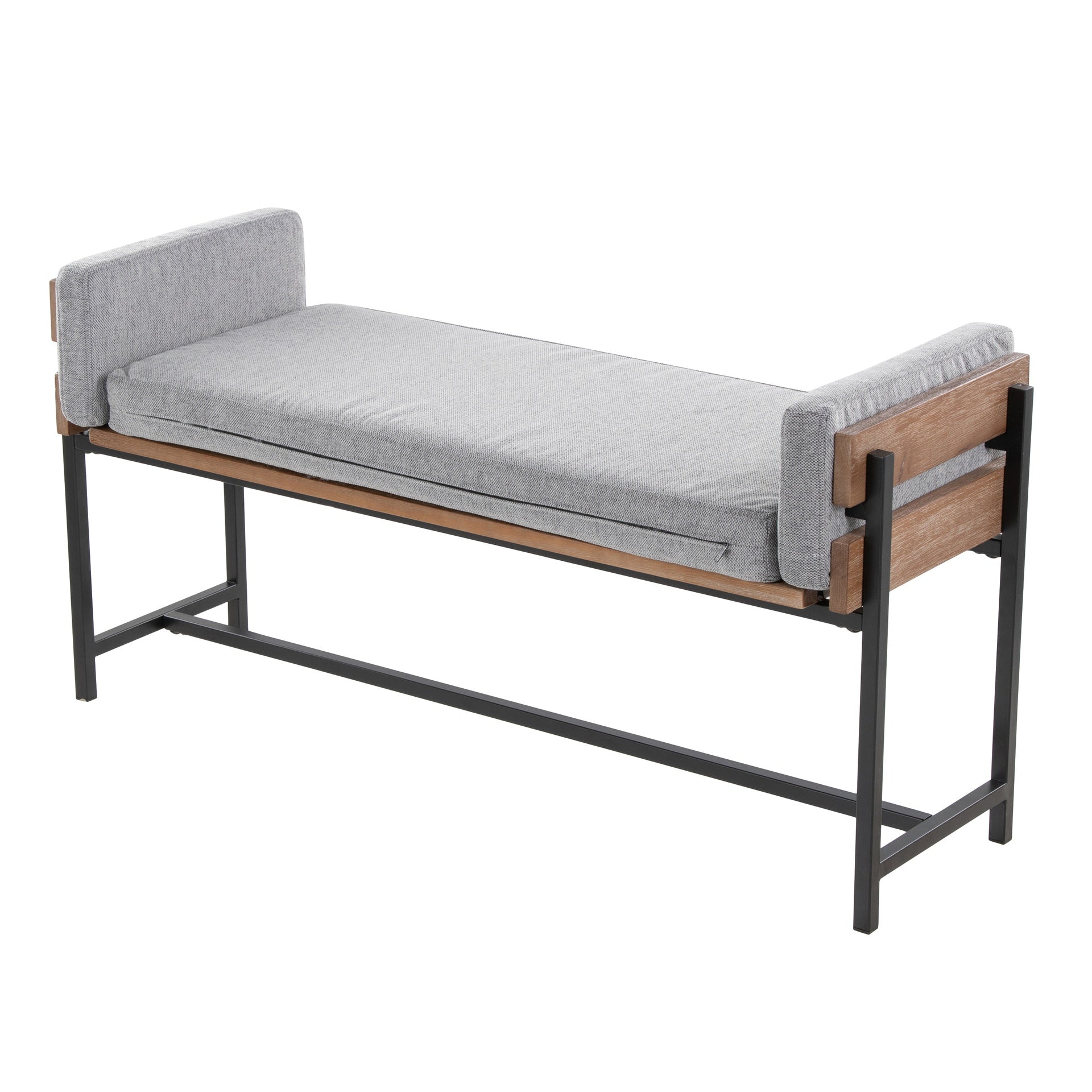 Kari 18" Farmhouse Bench with Black Metal, Brown Wood and Light Grey Fabric by LumiSource