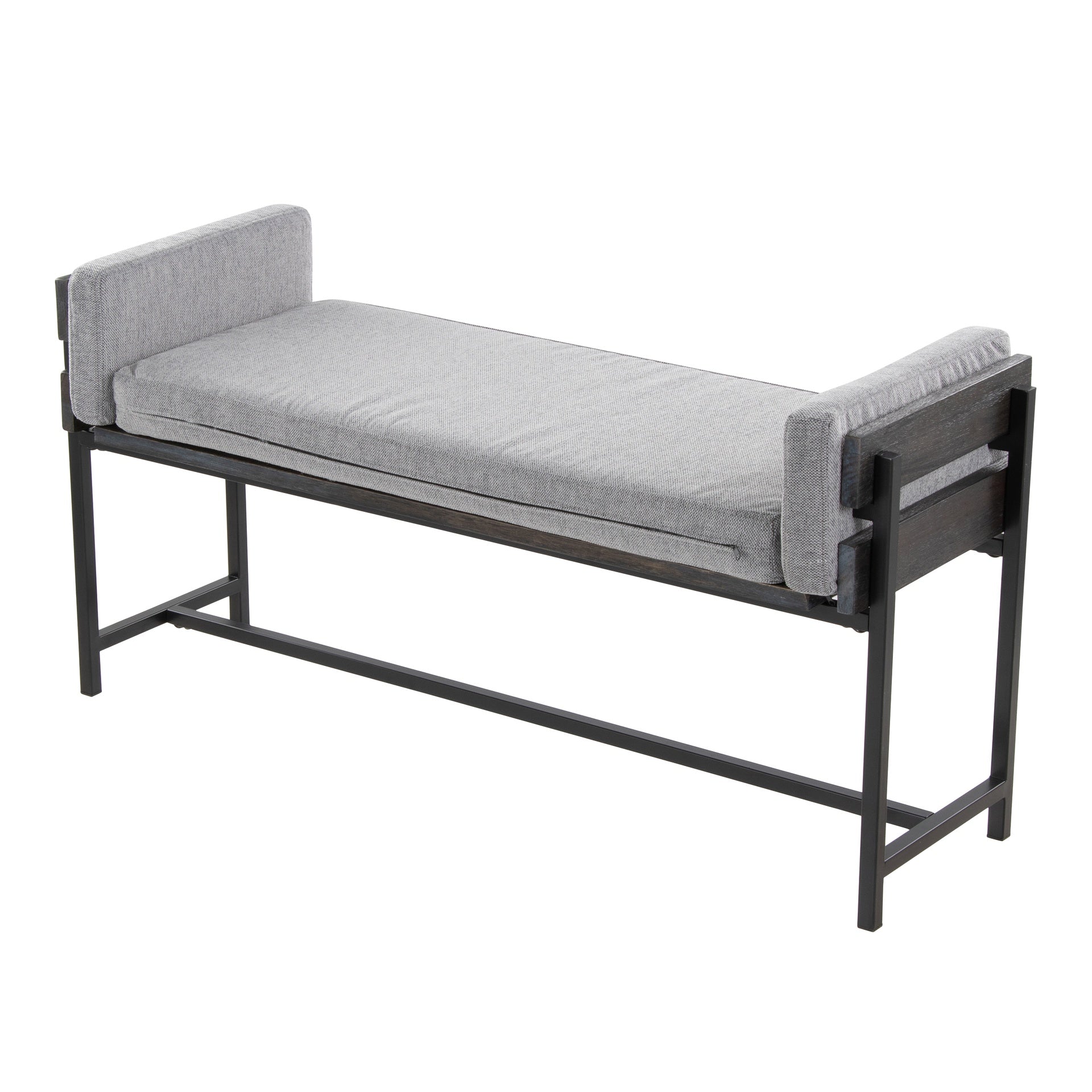 Kari 18" Farmhouse Bench with Black Metal, Grey Wood and Light Grey Fabric by LumiSource
