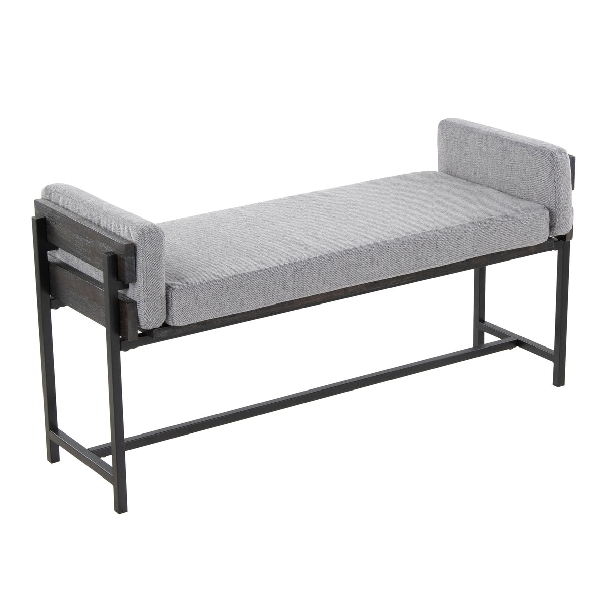 Kari 18" Farmhouse Bench with Black Metal, Grey Wood and Light Grey Fabric by LumiSource
